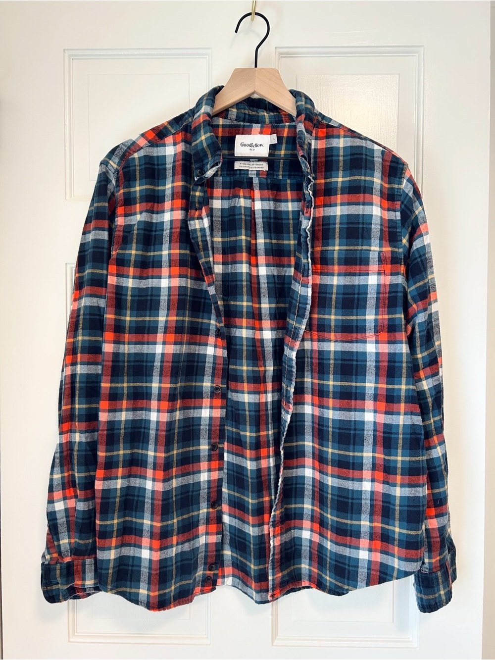 Men’s Goodfellow & Co Flannel Button Down Shirt - Navy Orange Plaid - Size L